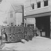 Ladder Truck, Horses, Crew, Mascot. B.F.F.D. 8/18/1911