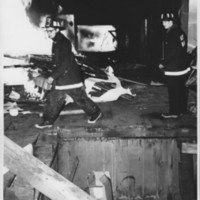 Removal of the B. and M. Freight House by Burning and as a Fire Fighter&#039;s Training Exercise. 7/12/1975.Fire Set in Center.