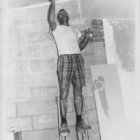 Library Addition. 1967-1968: Ceiling Work on Stilts.