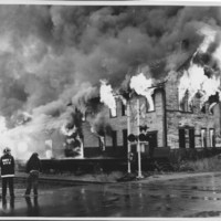 Removal of the B. and M. Freight House by Burning and as a Fire Fighter&#039;s Training Exercise. 7/12/1975. Building Fully Involved.