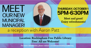 Meet and Greet reception with new Town Manager on October 1 at 5pm. Free and open to all.